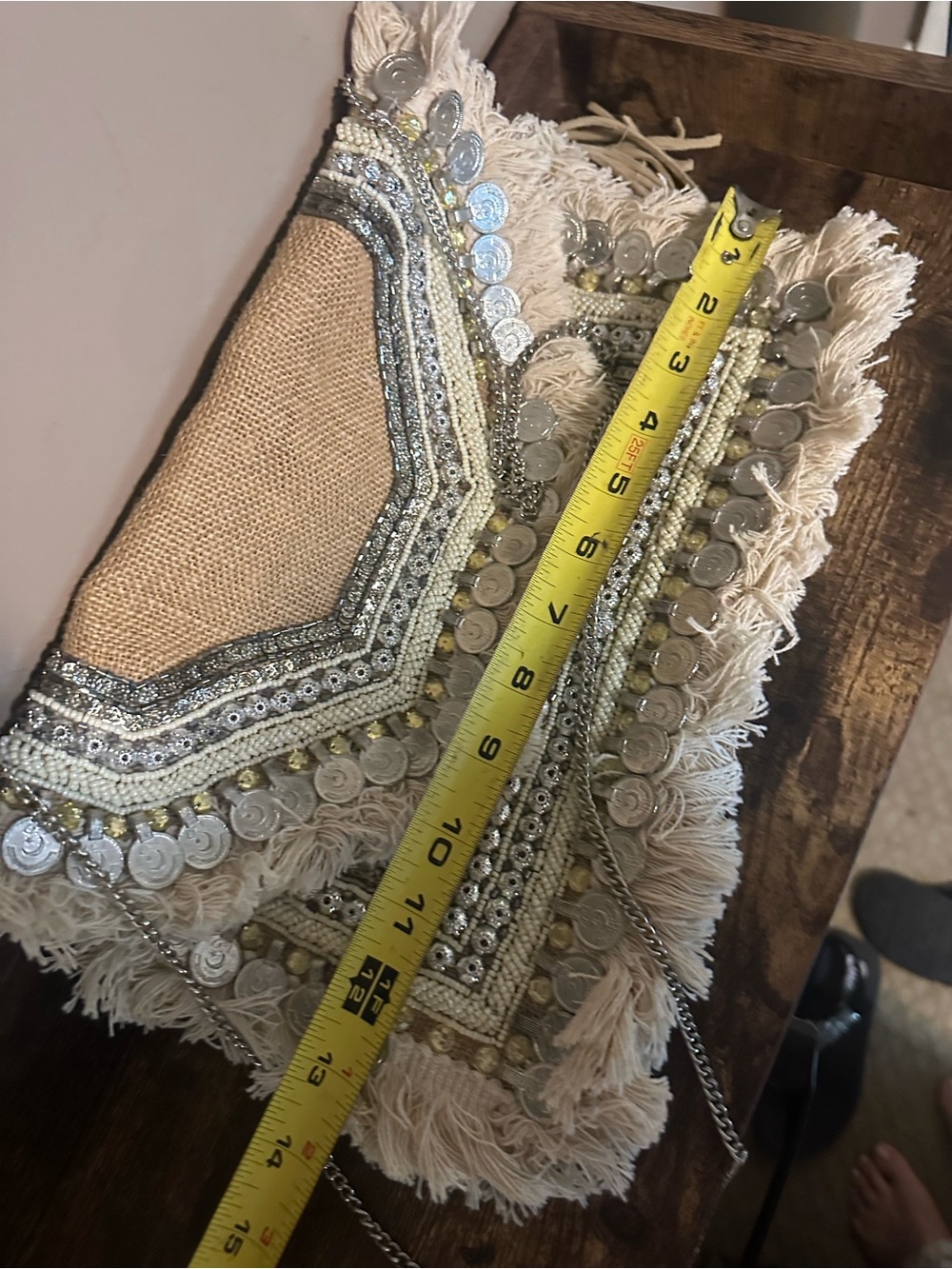 Embellished Fringe Coin Clutch in Cream and Gold - Picture 4 of 5
